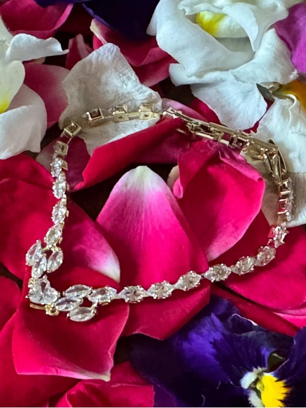 Elegant Crystal & Gold Tennis Bracelet, Heart Center Stone With Crystal Extender